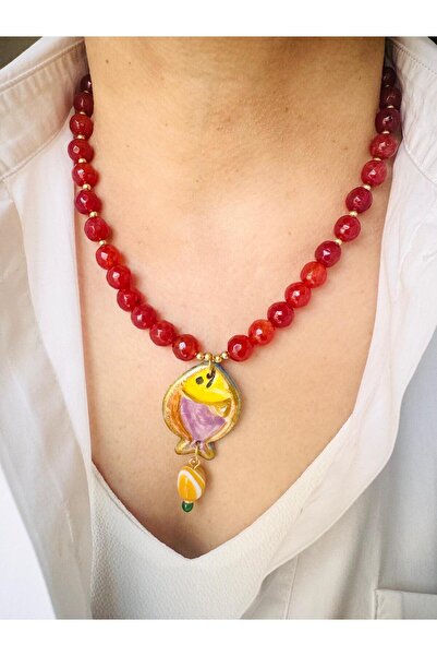 DEVİ fashion Natural Stone Design Fish Necklace with Ceramic End 47 cm