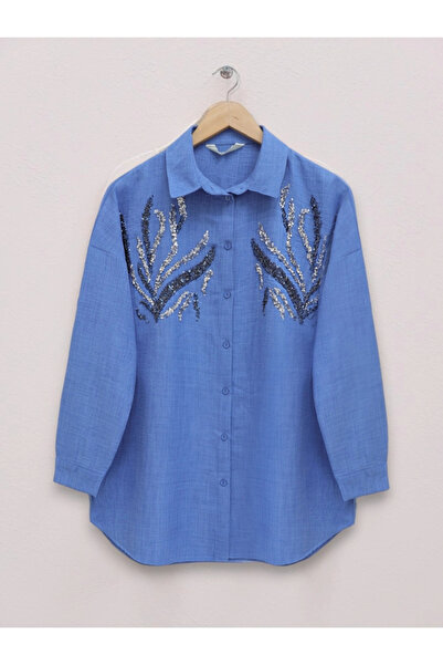 nedo7 Long Shirt with Sequins on the Front -Indigo