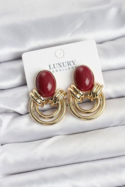 norsary Brass Gold Color Vintage Women's Earrings with Burgundy Stones