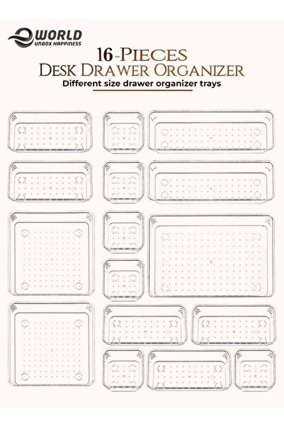 Eworld 16-Piece Clear Plastic Drawer Organizer Tray Set