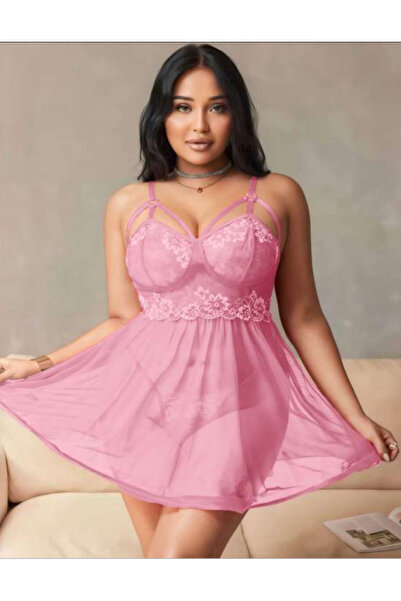 Bleu Petite Ροζ Σετ Νυχτικό και Σλιπ από Δαντέλα και Τούλι σε Μεγάλο Μέγεθος