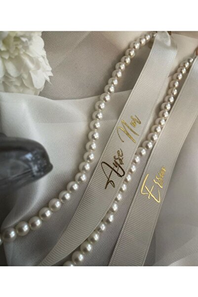 lafazan Dökülen Incili Krem Renk Söz & Nişan Kişiye Özel Yüzük Kurdelesi