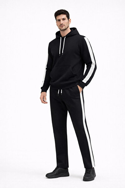 LUMİART Men's Striped Tracksuit Set Hooded Sweatshirt Pipe Leg Bottom, Oversi...
