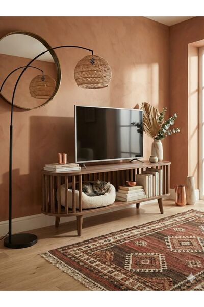 Atolyeulusoy - Woodwork Modern Ahşap Tv Ünitesi – Açık Raflı, Kitaplıklı, Dek...