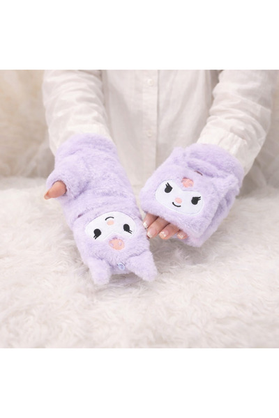 synshop Kuromi Cat Winter Snow Gloves Plush Luxury Soft Buttoned Cover Finger...
