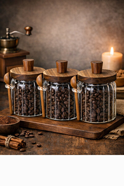 welcomein 3'lü Akasya Kapaklı Kaşıklı Vakumlu Cam Kavanoz Seti-Mutfak Düzenle...