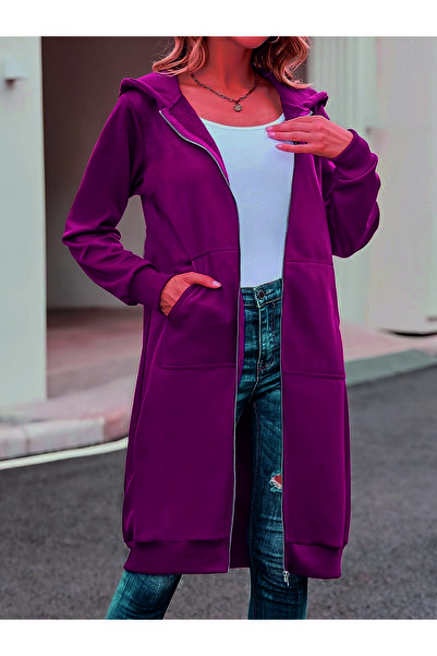 HOFFNUNG 3Iplik Daily Hooded Zip-Up Sweatshirt Solid Color Long Hoodie Dress