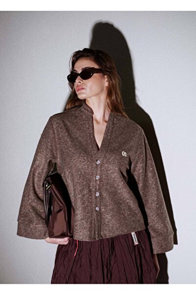 SEVDRUS Effortless Logo Nakışlı %30 Yün Kahve Hırka