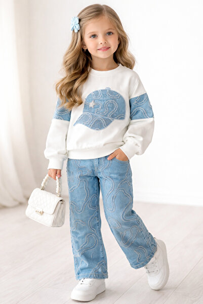 xjoy kids Girl's Sweatshirt Pants 2-Piece Set – Embroidered, Denim Look