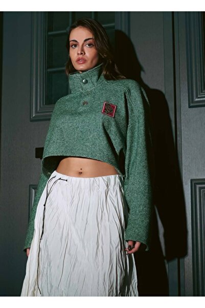 Maison Jade Dik Yaka Nakışlı Yün Yeşil Crop Sweatshirt