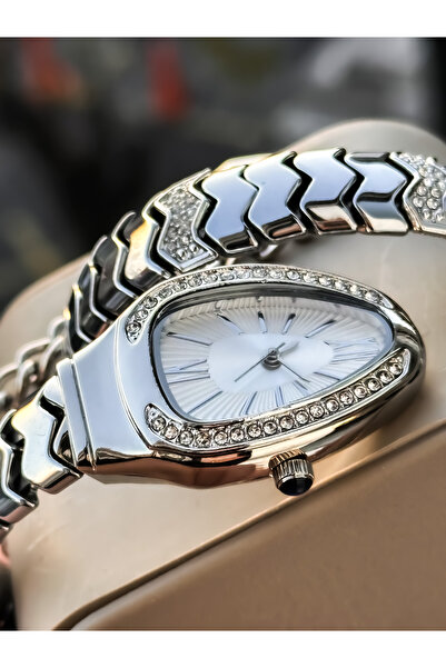 Bonicce White Dial, Stone Silver Cord, Snake Watch Heart Bracelet in Gift Box