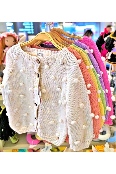 Pacco Baby El Örgüsü %100 Pamuk Ekru Ponponlu Bebek Hırkası