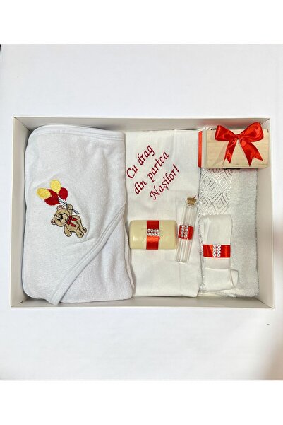 Botez Trusou ursulet , 7 piese, rosu, in cutie, bumbac, cu mesajul "Cu drag d...