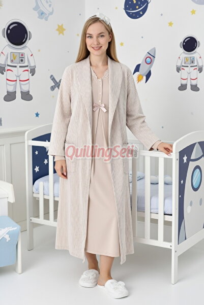 quilling Bej Renkli, Jakarlı ve Dantel Detaylı Lüks Erdeniz 2305 Sabahlıklı L...