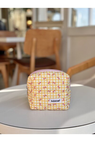 Batekso Sarı Pötikare Kurdele Desenli Makyaj Çantası - Küçük Boy