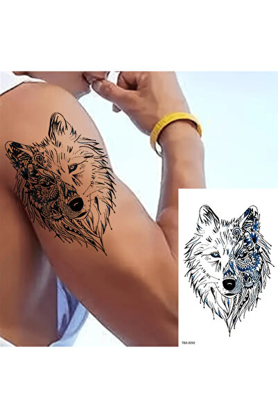Tattoo Gerçekci Geçici Dövme Kurt ve Mandala Desenli Dövme Etiket Kadın Erkek...