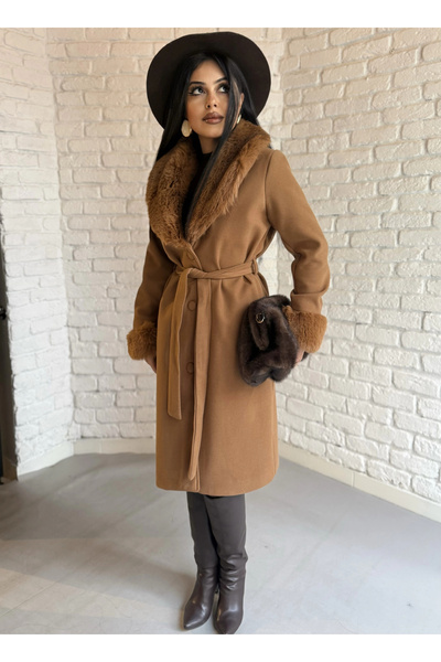 moneta boutique Women's Cashmere Coat with Fur Collar and Sleeves