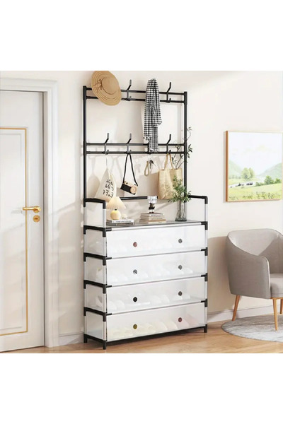 OEM Hanger with 4-tier shoe rack and 8 double hooks, clothes/shoe rack 77 x 3...