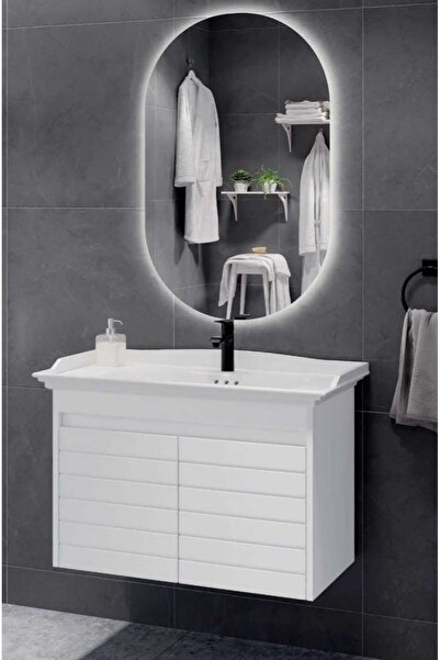ROSEART BANYO ESTELLA BEYAZ 80CM BANYO DOLABI SETİ LED AYNA + ALT MODÜL + SER...