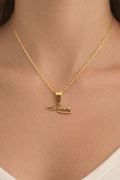 G Lady Kemal Atatürk İmzalı Unisex Gold Kolye Kararmaz Çelik