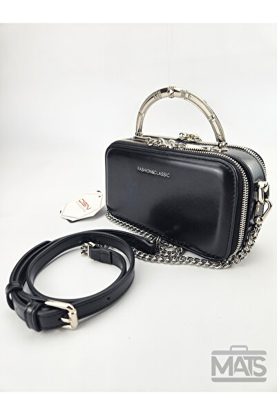 DSN Siyah Metal Kulplu Sert Gövdeli Çift Askılı El Ve Omuz Çantası