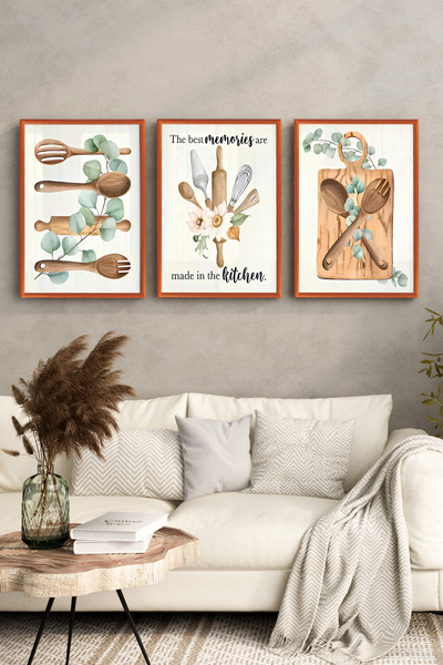 kutuTR BAKIR Ahşap Çerçeveli 2D UV Baskı 3’lü MDF Tablo–Mutfak Gereçleri, Oka...