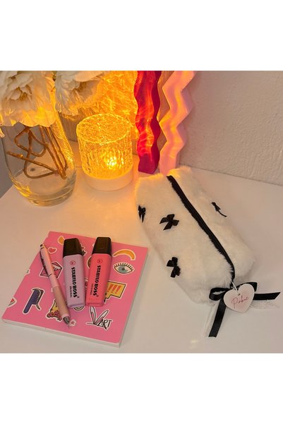 PİNKUE Siyah Fiyonk Detaylı Peluş Bakım Çantası/ Makyaj Çantası/ Kalemlik