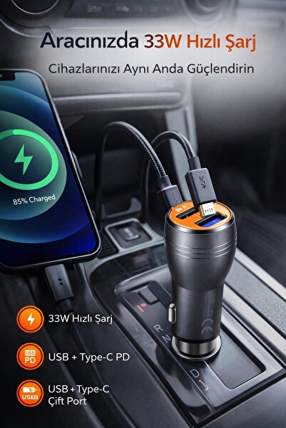 Type-C - USB 33 watt hızlı Araç Şarj Kafası Çift port