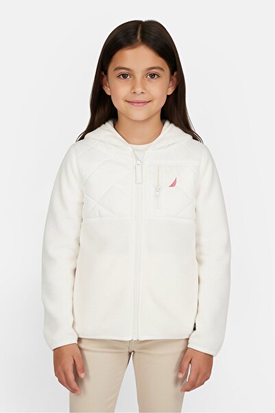 Nautica جاكيت بناتي أبيض اللون، مزين بشعار مطرز، مصنوع من الفرو الصناعي، بغطا...