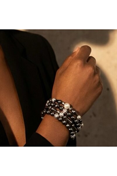 COCOSH TAKI Smoked Gray Beaded Pearl Detailed Multi Combination Bracelet