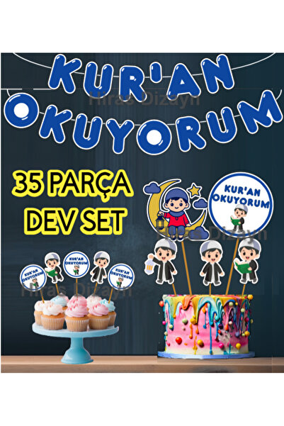 Hiras Dizayn 35 Parça Full Set Kız/Erkek Kuran Okuyorum Temalı Banner + Pasta...