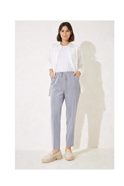 AYHAN AYDIN Women's Ice Gray Elastic Waist Ankle Length Double Fabric Pants