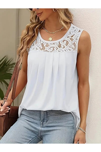 Genel Markalar MDB Kadın Askılı Yuvarlak Yaka Dantel Detaylı Viskon Bluz