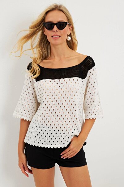 Be Best Women's Ecru Lace-Like Knit Knitwear Blouse Be333