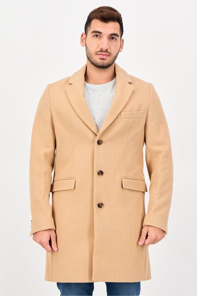 CELIO Men Long Sleeve Plain Trench Coat, Tan
