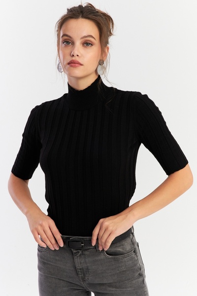 Be Best Women's Black Half Fisherman Knitwear Blouse Be340
