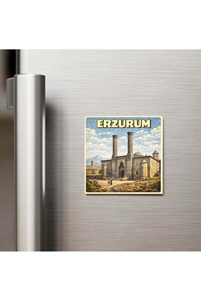 iBerk Mıknatıslı Buzdolap Magneti - Erzurum Şehri - Pop-Art Travel - 9x9 cm