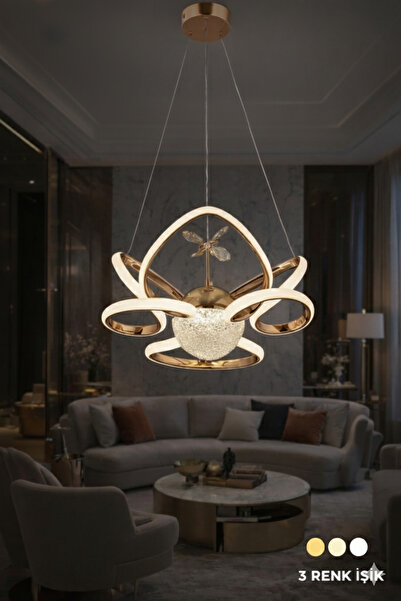 VİVA AVİZE & ELEKTİRİK Tekli Taç Modern Gold Led Avize - 3 Renk Işıklı Krista...