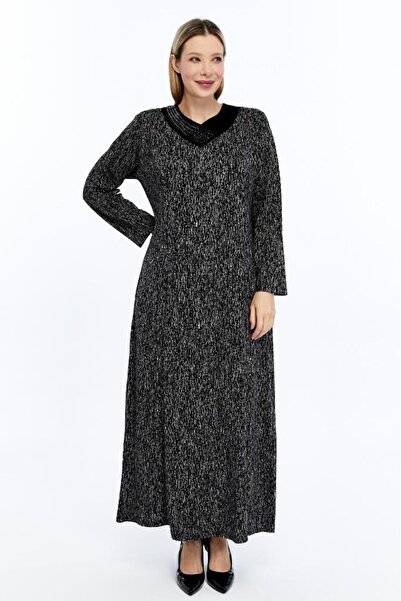 LİKAPA Plus Size Black Beige Melange Patterned Long Sleeve Maxi Dress