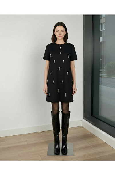 ÖZGEN Taşlı süet siyah elbise