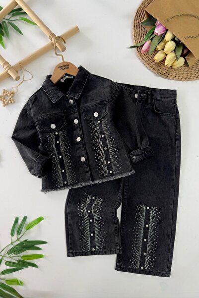 Minigimin Cicileri My Little One's Girls' Denim Jacket Set with Sequins, Ston...