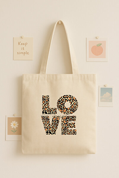 Maki Craft LOVE Leopar Desenli Baskılı Bez Çanta, Tote Bag