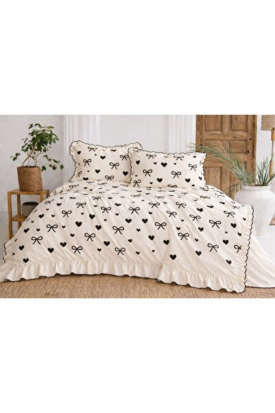 DB Double Duvet Cover Set 100% Cotton Heart and Bow Ornament Overlock Ruffle