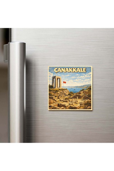iBerk Mıknatıslı Buzdolap Magneti - Çanakkale Şehri - Pop-Art Travel - 9x9 cm