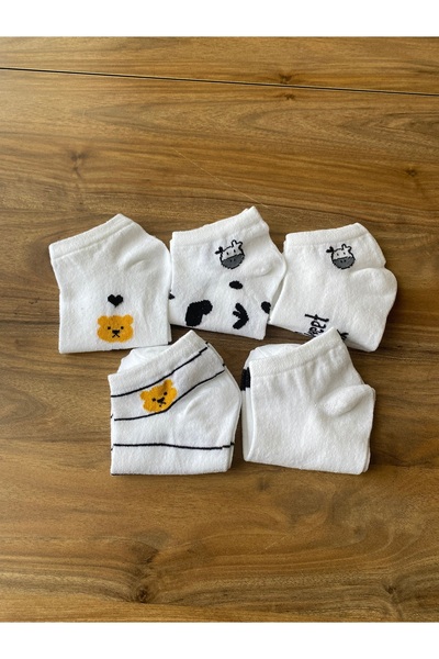 Nexa Doğaltaş Set of 5 Teddy Bear Patterned Women's Booties Socks – Soft Texture, Daily Use