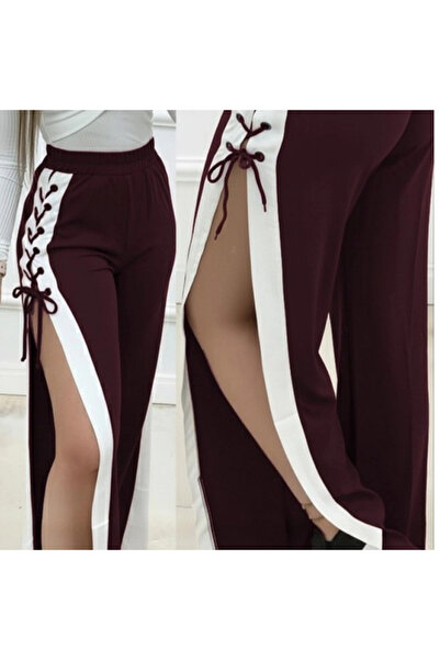 MetuCA Women's Burgundy White Striped Tied Slit Viscose Two Thread Pants