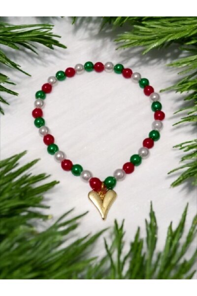escoines koleksiyon Escoines Heart Detailed Red Green White Pearl Beaded Hand...