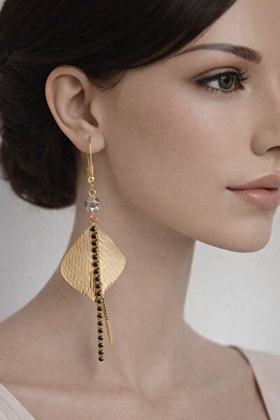 MİHRES Geometric Plate Chain Detail Dangle Earrings with Matte Gold Plate Bla...