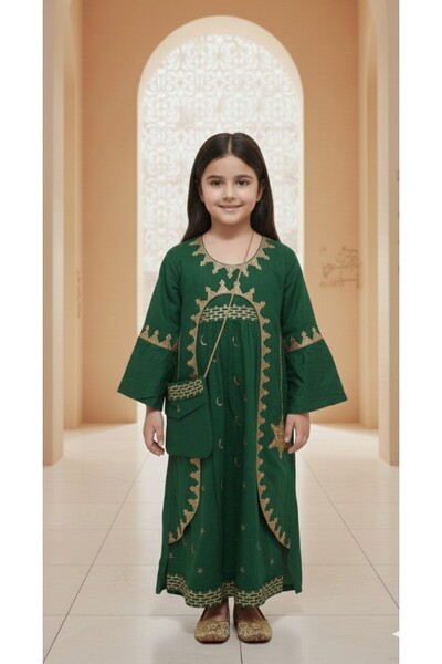Maison Emarat Girls Gold Embroidered Kaftan Frock with Cross Body Pouch