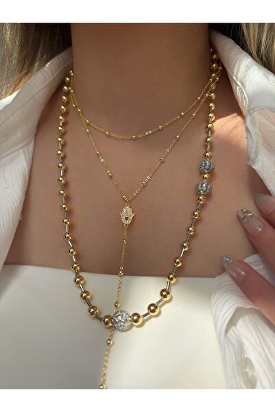 VİP AKSESUARRR KADIN TAŞLI HAVVA ANA ELİ 2li ZİNCİR Y KOLYE DEKOLTE KOLYE
